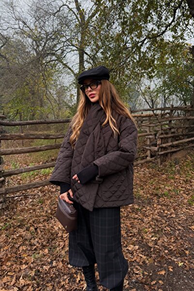 Laluvia Καφέ καπιτονέ παλτό με σάλι - 0762