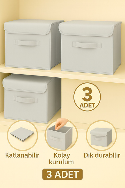 Spartek home textile 3 Adet-KAPAKLI Gri Dolap İçi Çamaşır Oyuncak Düzenleyici...
