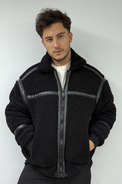 thesunfyre ERKEK Polo Yaka Oversize Şerit Detaylı Çift Cepli Peluş Ceket Mont