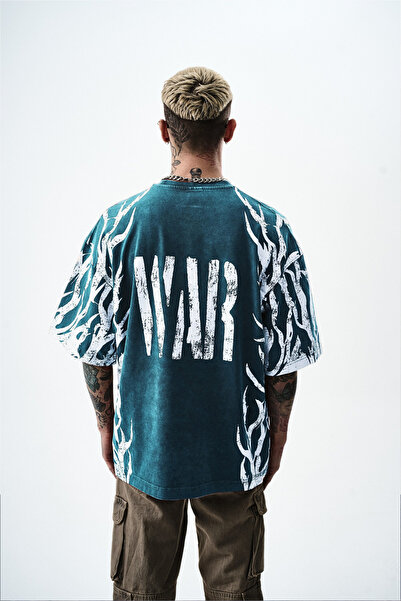 A&O Style Men's Navy Blue Oversized War Printed Washed Crew Neck T-Shirt