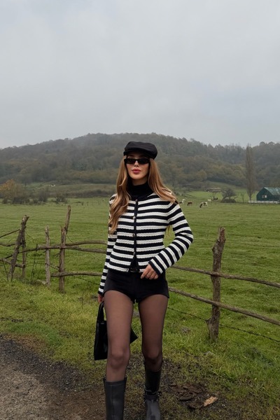 Laluvia Navy Blue - Ecru Striped Knitted Cardigan - 4390