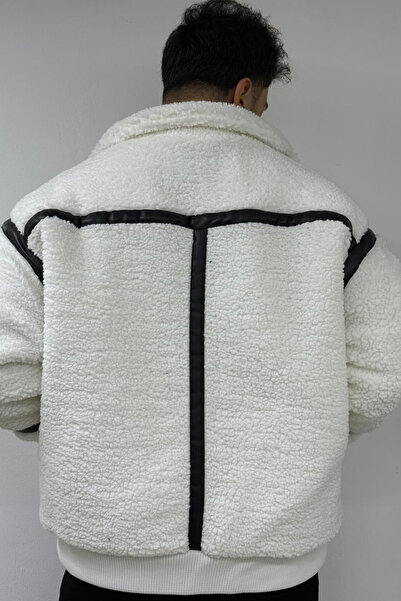 thesunfyre Men's Polo Collar Oversized Striped Detail Double Pocket Plush Jacket Coat