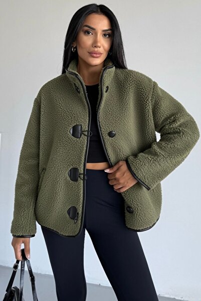 hiramir Peluş Deri Biyeli Çoban Düğmeli Mont KS2504