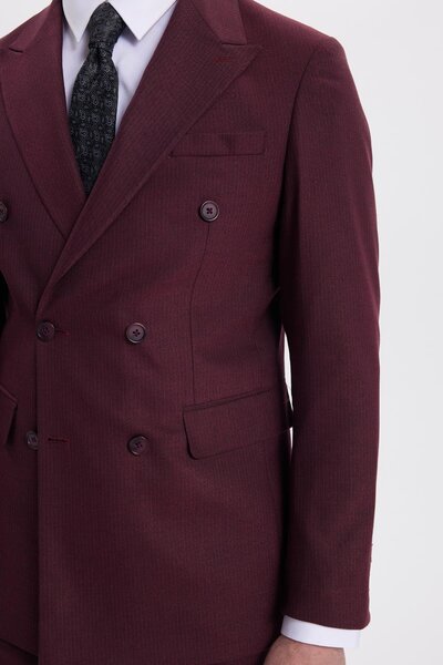 Tudors Men's Slim Fit Pointed Collar Striped Flap Pocket Burgundy Suit