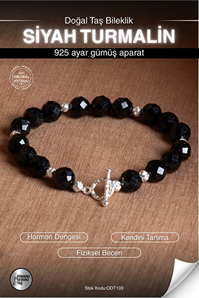OSMANLI DEĞERLİ TAŞ Sertifikalı Siyah Turmalin Doğal Taş 925 Ayar Gümüş Apara...