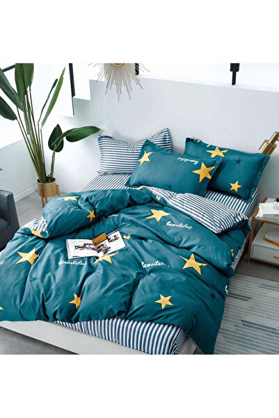 trendyhome Double Bed Bedding Set, Satin Cotton, 4 Pieces – Yellow Stars, Turquoise/White