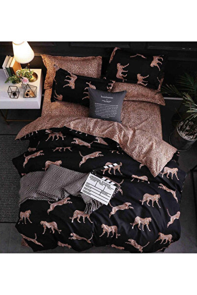 trendyhome Double Bed Bedding Set, Satin Cotton 4 Pieces – Leopard, Black