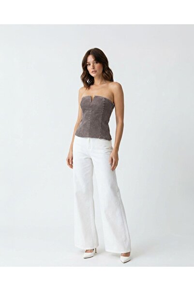 Womengrom Bustieră din denim pentru femei Fame, fără bretele, maro deschis