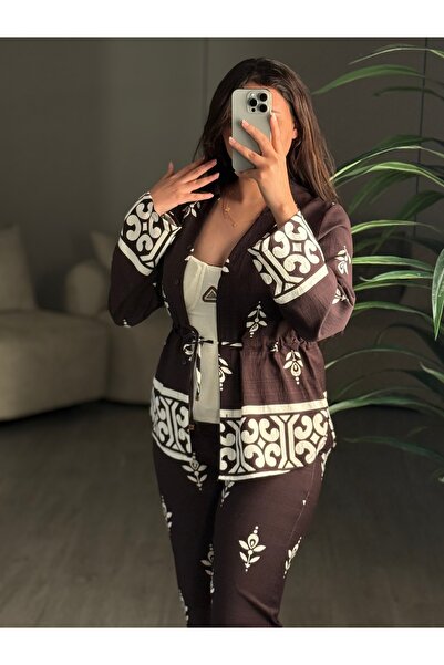 SELSAL patterned pants, blouse and jacket set
