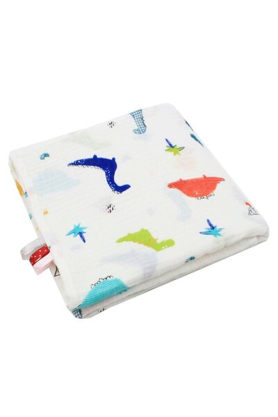 PRICHINDEL Pătură Maxi din muselină, dinozauri colorați, albă, 120x160 cm