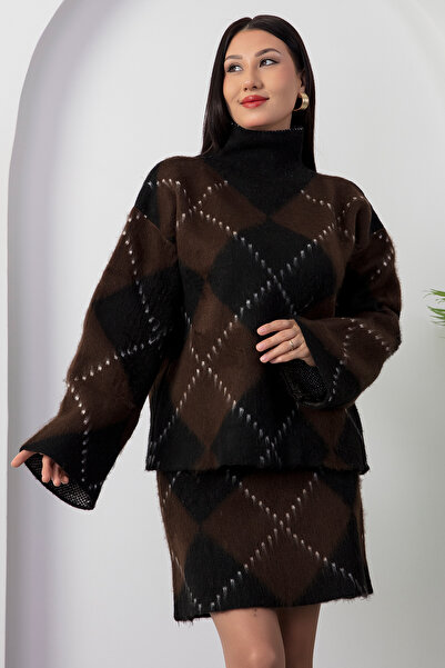 PULLIMM Fleece-Lined Knitwear Set with Baklava Pattern Skirt L8014