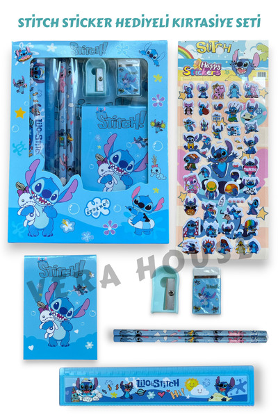 VERA HOUSE Stitch Model Sticker Hediyeli Kırtasiye Seti - Stitch Kalem Silgi Not Defterli Set