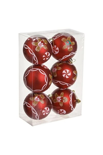 AB HOMES Matte Red Christmas Bauble Set with Gingerbread Man, Ø8cm, 6 Pieces