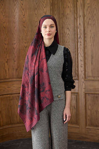 Moda Mevsimi İpekhan Bordo Serisi Desenli Kraş Şal 7018