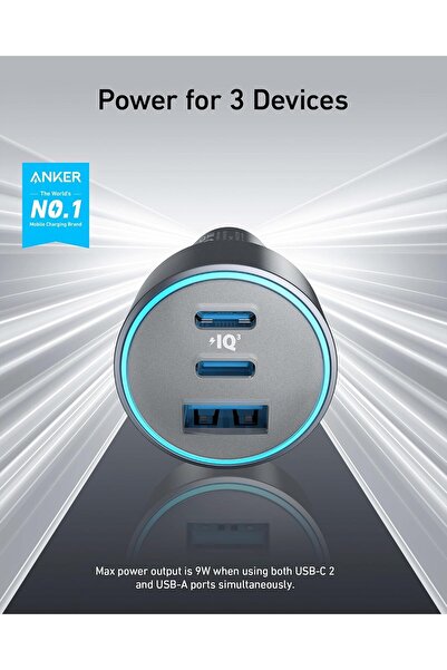 Anker 535 67W Car Charger (2 USB-C & 1 USB-A, PIQ 3.0) - Silver