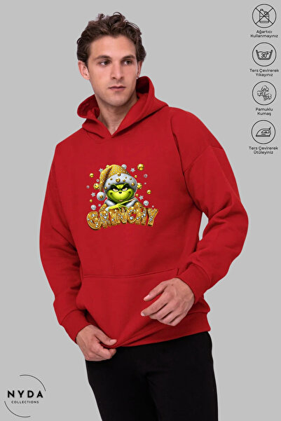 Nyda Collections Unisex Hoodie Long Sleeve Grinchy Printed Hooded Fleece-Lined Oversized Cotton Sweatshirt