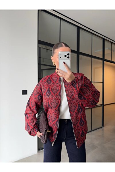 Matcha Butik Women's Ethnic Patterned Red Bomber Jacket