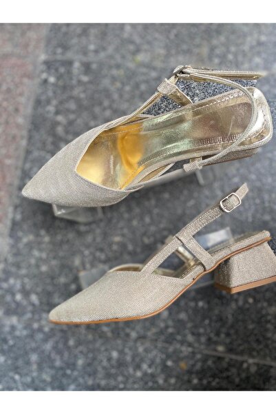 Metin Ayakkabı Gold Color Outer Material Skin Leather Open Back Women's Shoes