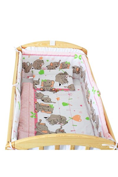 PRICHINDEL Set de lenjerie de pat pentru pătuț, 5 piese, dungi roz cu elefant...