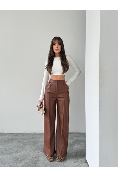 mydukkan.co حواف أسطوانية جلد بنطلون واسع الأرجل