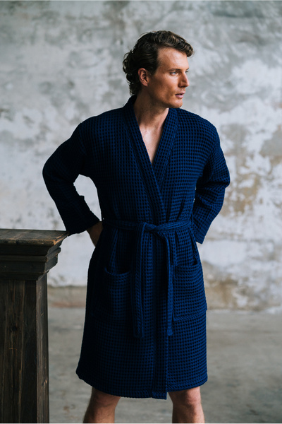 miemaison Navy Blue Waffle Bathrobe