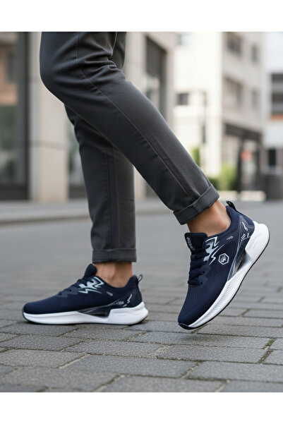 Wickers 803 Men's Navy Blue White Daily Light Sole Orthopedic Lace-Up Shoes