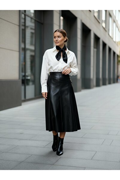 Grenj Fashion Black Faux Leather High Waist Maxi Skirt