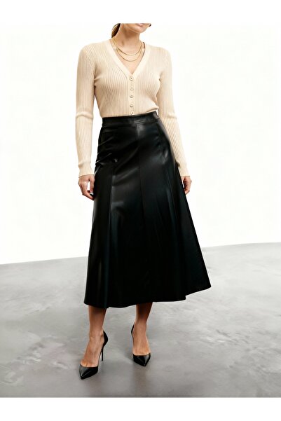 Grenj Fashion Black Faux Leather High Waist Maxi Skirt