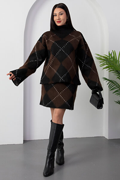 PULLIMM Fleece-Lined Knitwear Set with Baklava Pattern Skirt L8014