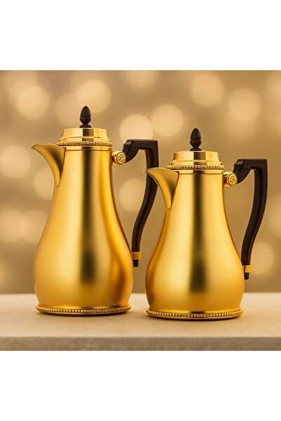 Dania ✨ Al Saif Shadan Matte Gold Thermos Set – 2 Pieces | Elegant wooden handle and glass interior that keeps drinks hot for longer 🔥☕