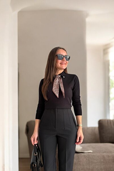 LE CARAMBOLE Women's Black Polo Neck Scarf Long Sleeve Knit Sweater