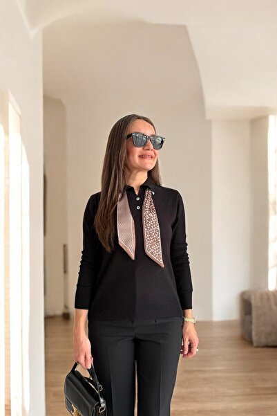 LE CARAMBOLE Women's Black Polo Neck Scarf Long Sleeve Knit Sweater