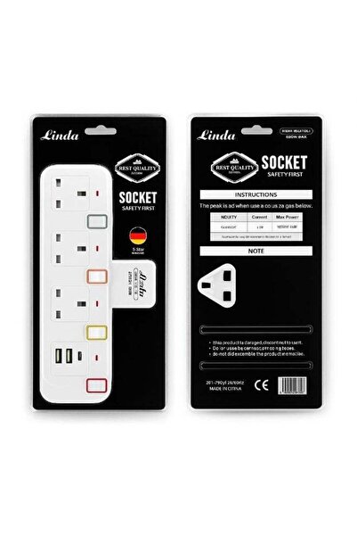 Linda Z04U Power Strip - 3 Sockets, 2 USB, Type-C, 13A Fuse, Child Protection, White