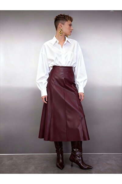 Grenj Fashion Burgundy Faux Leather High Waist Maxi Skirt