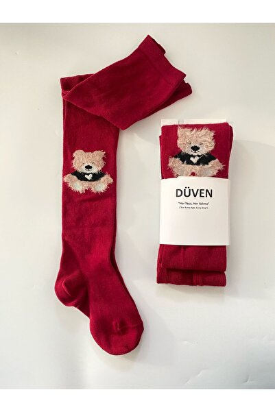 DÜVEN Момичешки бордови памучни чорапогащи с мечешки мотив