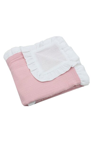 PRICHINDEL Pătură dublă din muselină, Leo, cu volane, roz deschis cu alb, 80x...