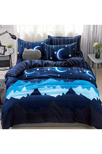 trendyhome Double Bed Bedding Set, Satin Cotton, 4 Pieces – Moon & Stars, Blue