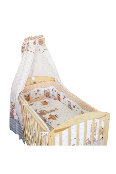 PRICHINDEL Set de lenjerie de pat cu baldachin, 6 piese, Bufnițe mari, crem, ...