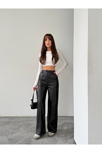 mydukkan.co حواف أسطوانية جلد بنطلون واسع الأرجل