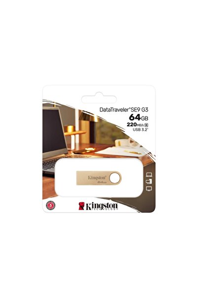 Kingston USB stick 64GB DataTraveler SE9 G3, USB 3.2, 220MB/s, Μεταλλική θήκη Premium, Χρυσό