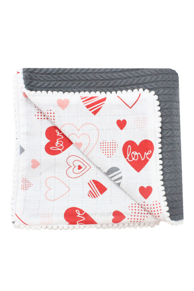 PRICHINDEL Pătură tricotată Anna, gri închis, revers de muselină, inimioare c...