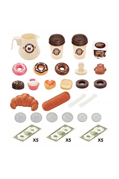 Doris Set de joaca pentru copii cafenea si desert interactiv cu 40 elemente,expressor,vitrina cu des