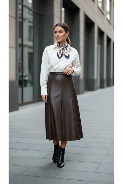 Grenj Fashion Brown Faux Leather High Waist Maxi Skirt