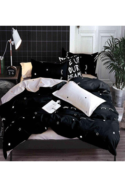 trendyhome Double Bed Linen, Satin Cotton 4 Pieces – Stars/Eyelashes, White/Black