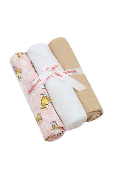 PRICHINDEL Set de 3 scutece, Ducks, muselină și flanel crem, bumbac, 75x70 cm