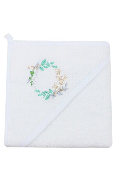 PRICHINDEL Hooded towel, cotton and muslin, little leaves, white, 80 x 100 cm