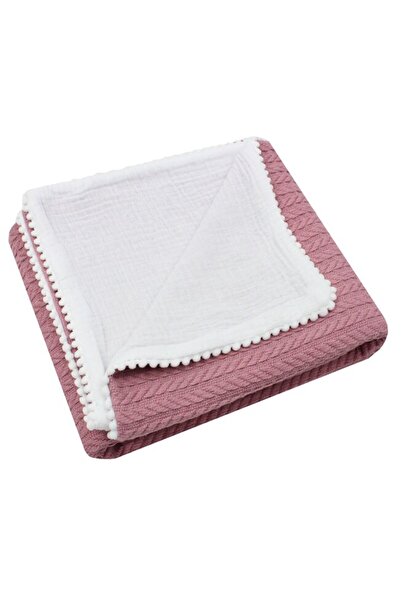 PRICHINDEL Pătură Anna tricotată cu ciucuri, revers de muselină, 80x100 cm, r...