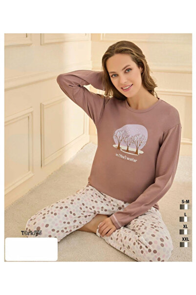 İpek Women's Long Sleeve Crew Neck 100% Cotton Patterned Pajama Set