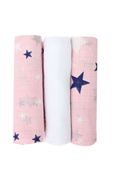 PRICHINDEL Set of 3 muslin swaddles, pink with navy stars, 75 x 70 cm