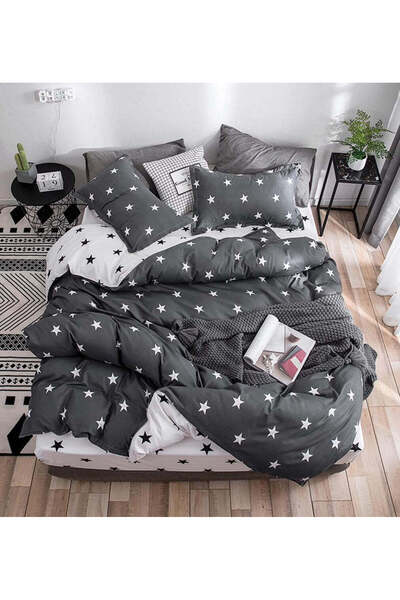 trendyhome Double Bed Linen, Satin Cotton 4 Pieces – Stars, Gray/White